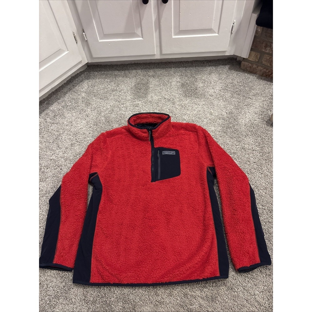 Vineyard Vines Jacket Mens Large Red Navy Sherpa Super Shep Fleece Quarter Zip